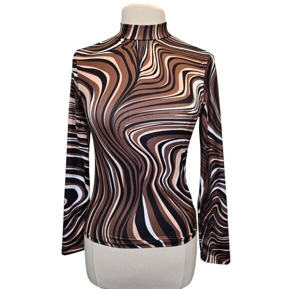 SHEIN Womens M Mock Neck Brown Marble Print Long Sleeve Shirt - Picture 1 of 14
